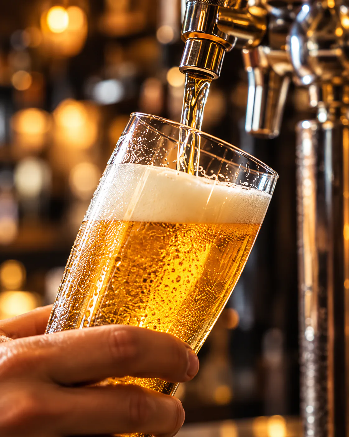 Chopp sendo tirado da torneira da chopeira direto no copo, com colarinho cremoso